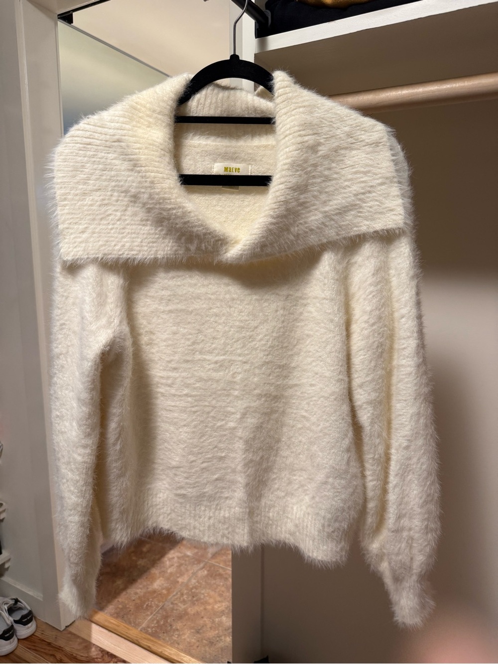 Maeve Cream Cozy Off-Shoulder Fuzzy Sweater